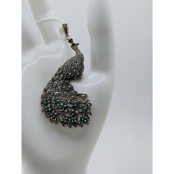 Vintage Peacock Marcosite and Green Onyx Pendant - Picture 3 of 5